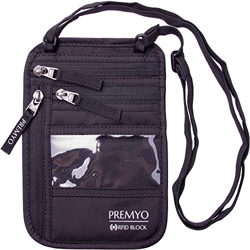 PREMYO Brustbeutel Brusttasche Herren Damen - Reisegeldbeutel mit Sichtfenster Wasserdicht - RFID Schutz Flach Schwarz, Einheitsgröße von PREMYO