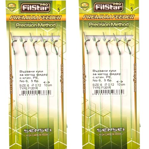 PRO FILSTAR Angelhaken Set mit Vorfach für Method Feeder 10 Stück, Größe 6, Flechtschnur 10cm, Dia 0,12mm - Angeln Karpfen Zubehör - Hook with a Needle - Boilies Haken Set - Sport Set - Fishing Rig von PRO Filstar