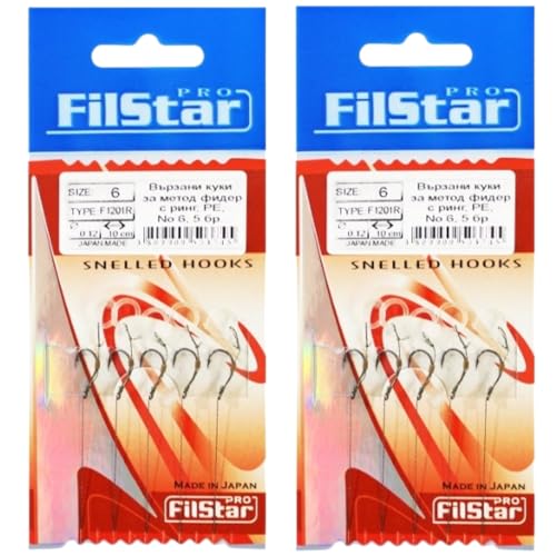 PRO FILSTAR Angelhaken Set mit Vorfach für Method Feeder 10 Stück, Größe 6, Flechtschnur 10cm, Dia 0,12mm - Angeln Karpfen Zubehör - Ringhaken für Pellets - Ring Hook - Rig Haken Set - Sport Set von PRO Filstar