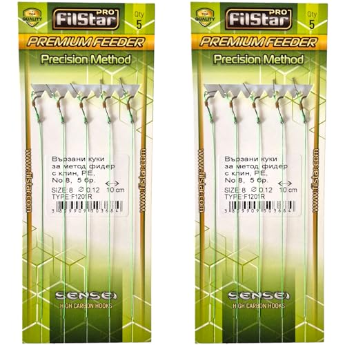 PRO FILSTAR Angelhaken Set mit Vorfach für Method Feeder 10 Stück, Größe 8, Flechtschnur 10cm, Dia 0,12mm - Angeln Karpfen Zubehör - Hook with a Needle - Boilies Haken Set - Sport Set - Fishing Rig von PRO Filstar