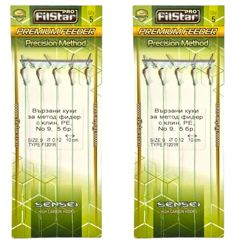 PRO FILSTAR Angelhaken Set mit Vorfach für Method Feeder 10 Stück, Größe 9, Flechtschnur 10cm, Dia 0,12mm - Angeln Karpfen Zubehör - Hook with a Needle - Boilies Haken Set - Sport Set - Fishing Rig von PRO Filstar