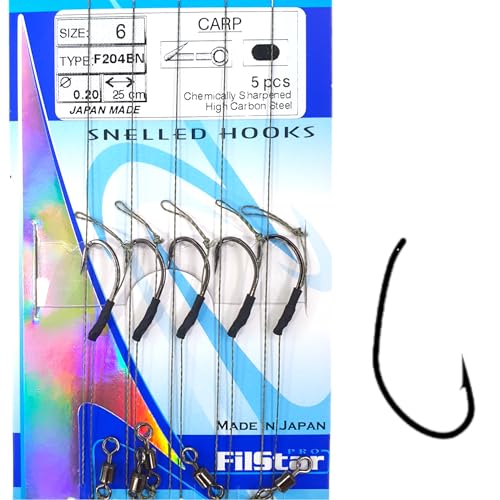 PRO FILSTAR Angelhaken Set mit Vorfach & Wirbel 5 Stück, N6, Flechtschnur 25cm, Dia 0,25mm - Angeln Karpfen Zubehör - Fishing Hook - Boilies & Pellet Haken - Sport Set - Fishing Rig – Vorfachschnur von PRO Filstar