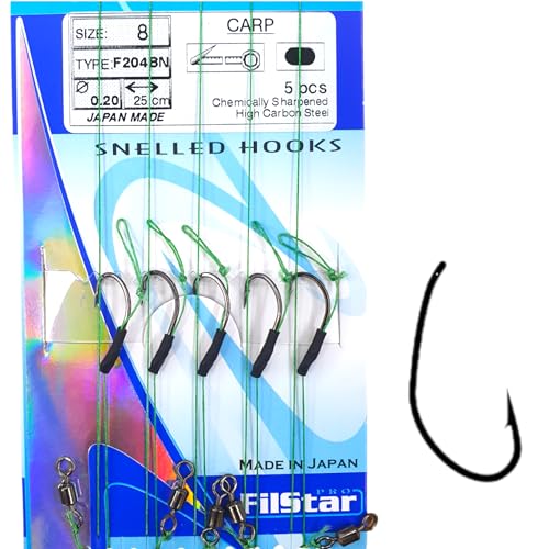 PRO FILSTAR Angelhaken Set mit Vorfach & Wirbel 5 Stück, N8, Flechtschnur 25cm, Dia 0,25mm - Angeln Karpfen Zubehör - Fishing Hook - Boilies & Pellet Haken - Sport Set - Fishing Rig – Vorfachschnur von PRO Filstar