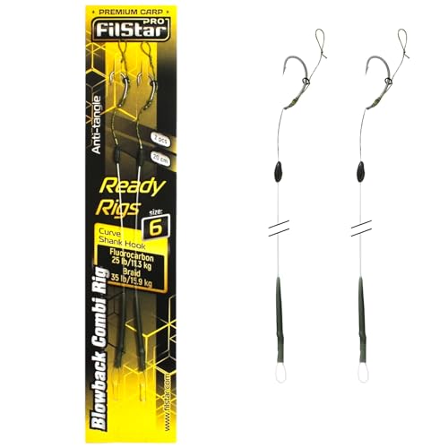 PRO FILSTAR Karpfenangeln Blowback Combi Rig Angelhaken N6, Fluorocarbon Vorfach 11kg, Flechtschnur 15kg - Аnti Тangle Sleeve - Curve Shank Hook - Pop Up Angel Köder - Boilies Haar Rig, Karpfen Angeln von PRO Filstar