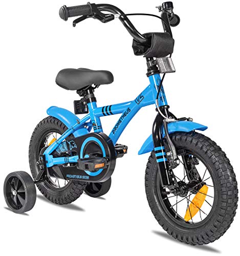 PROMETHEUS BICYCLES Kinderfahrrad ab 3 Jahren - 12 Zoll Kinder Fahrrad Mädchen Jungen Fahrrad Kinder mit Stützräder Rücktrittbremse in Blau von PROMETHEUS BICYCLES