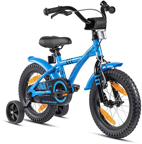 PROMETHEUS BICYCLES Kinderfahrrad 14 Zoll ab 4 Jahren - Kinder Fahrrad Mädchen Jungen Fahrrad Kinder mit Stützräder Rücktrittbremse in Blau von PROMETHEUS BICYCLES