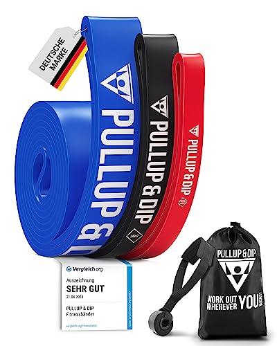 PULLUP & DIP Fitnessbänder Widerstandsbänder mit Tasche, Türanker und Übungsguide, Klimmzugband Fitnessband für Calisthenics, Crossfit und Fitness (3er-Set (EXTRA Light + Light + MEDIUM)) von PULLUP & DIP