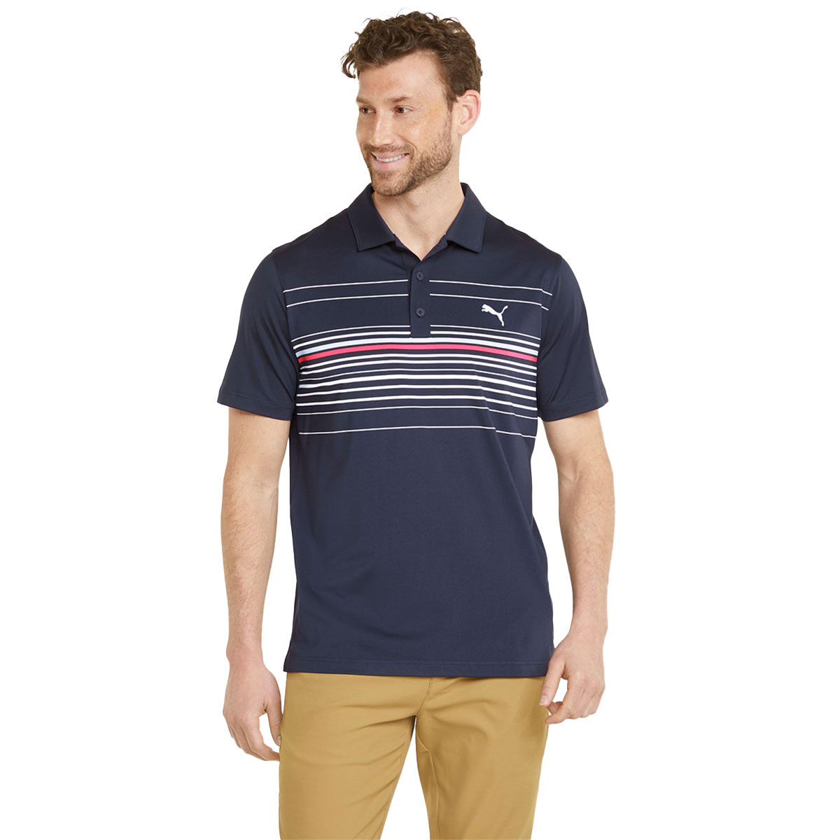 PUMA Golf Men's Navy Blue and Pink Comfortable Stripe Mattr Canyon Golf Polo Shirt, Size: Small | American Golf von PUMA Golf