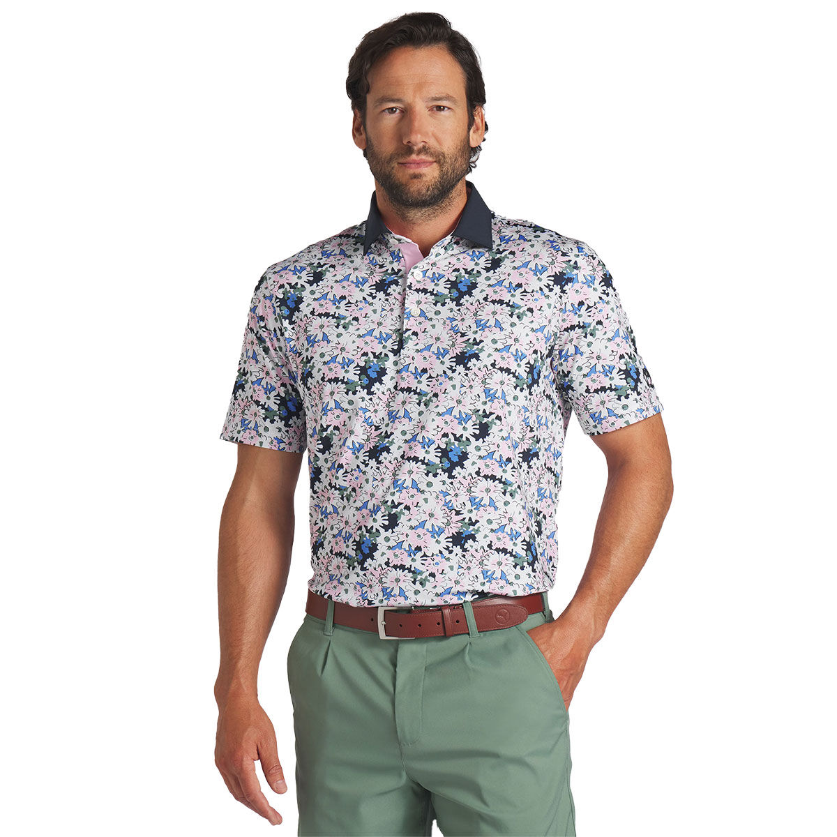 PUMA Golf x Arnold Palmer Mens White and Navy Blue Comfortable Floral Print Golf Polo Shirt, Size: L | American Golf von PUMA Golf