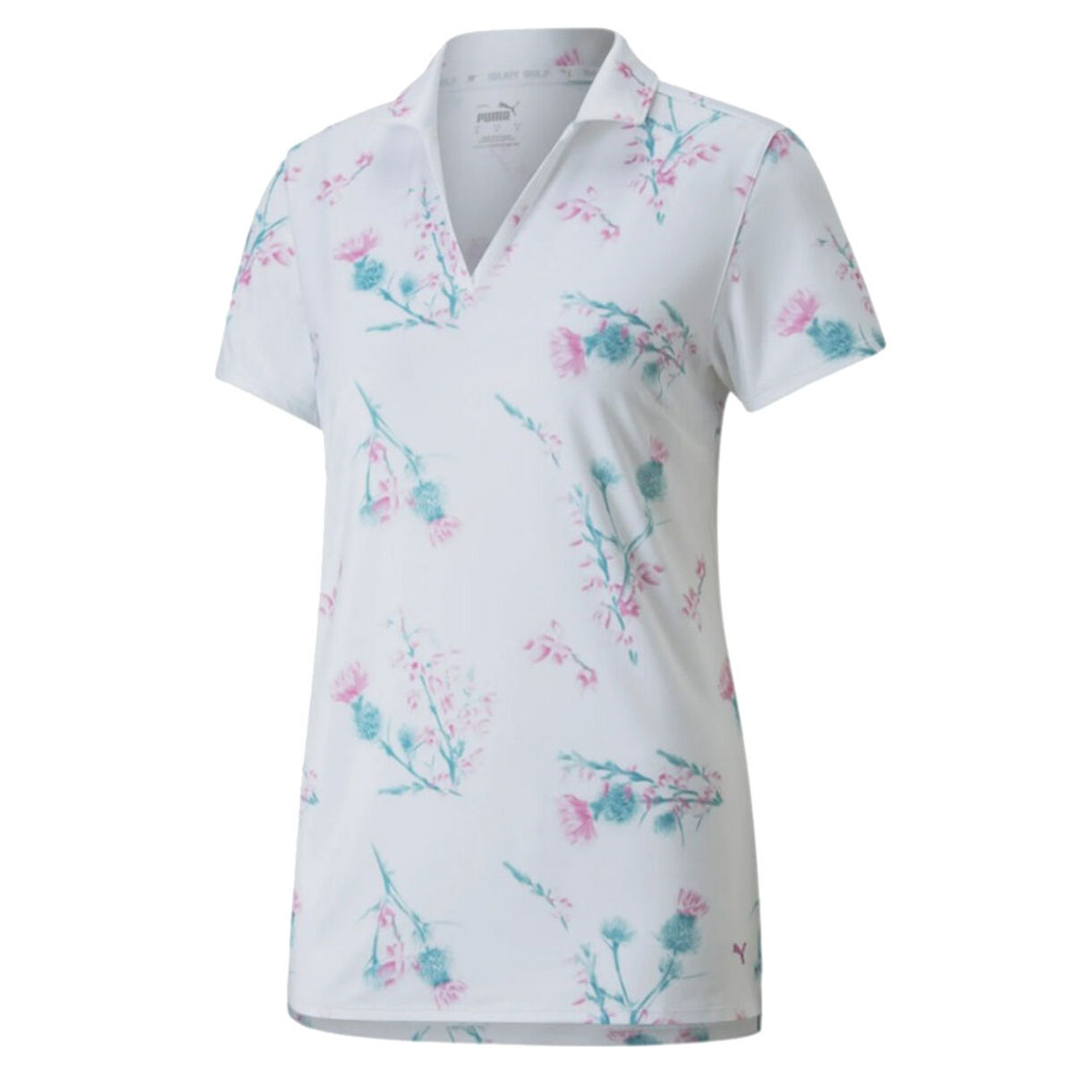 PUMA Golf Women's White, Green and Pink Comfortable Floral Print MATTR Lowlands Stretch Golf Polo Shirt, Size: Small | American Golf von PUMA Golf