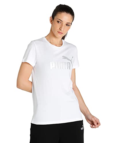 PUMA Damen ESS+ Metallic Logo Tee T-Shirt, weiß, S von PUMA