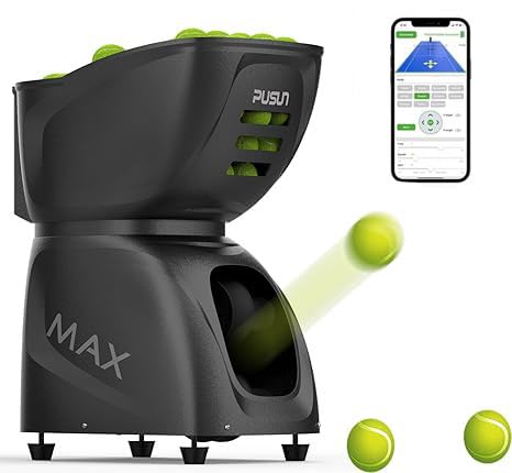 PT-MAX C Tennis- & Padelballmaschine – Intelligentes Trainingsgerät, tragbar, 120 Bälle, 6–8h Akku, APP-Steuerung, Geschwindigkeit 20–140 km/h, für Anfänger & Profis geeignet (Schwarz) von PUSUN