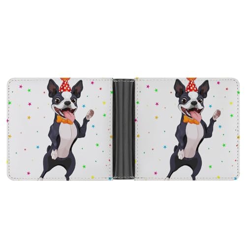PWIKJZ Brieftasche Boston Terrier Hund Herren Bifold Geldbörsen Portable Leder Geldbörse Kartenhalter von PWIKJZ