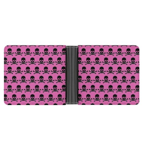 PWIKJZ Brieftasche Totenköpfe Muster Rosa Hintergrund Herren Bifold Geldbörsen Portable Leder Geldbörse Kartenhalter von PWIKJZ