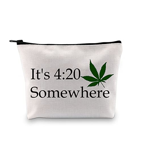 PXTIDY Marihuana Kosmetiktasche mit Reißverschluss, Aufschrift "It's 4:20" Somewhere Cannabis Leaf Weed Kosmetiktasche mit Reißverschluss, lustiges Geschenk, beige von PXTIDY