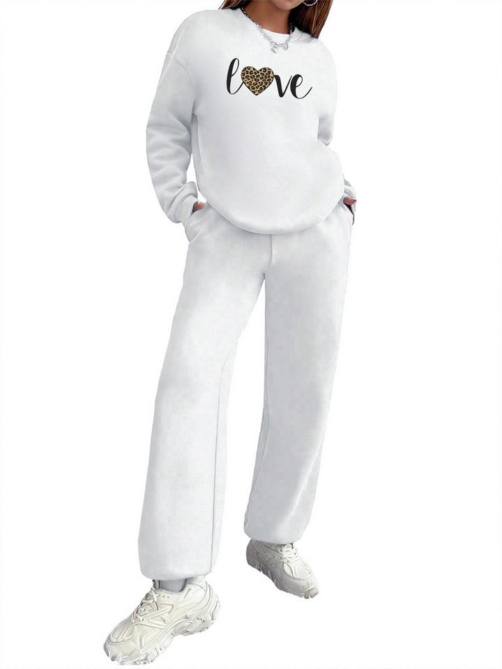 PYLIKE Jogginganzug Bequemer Lounge-Set Damen:Fleecepullover & Baggy-Hose (SET, Sweater &Sweatpants), Oversized Rundhals Print Sweatshirt & Jogginghose mit Taschen von PYLIKE