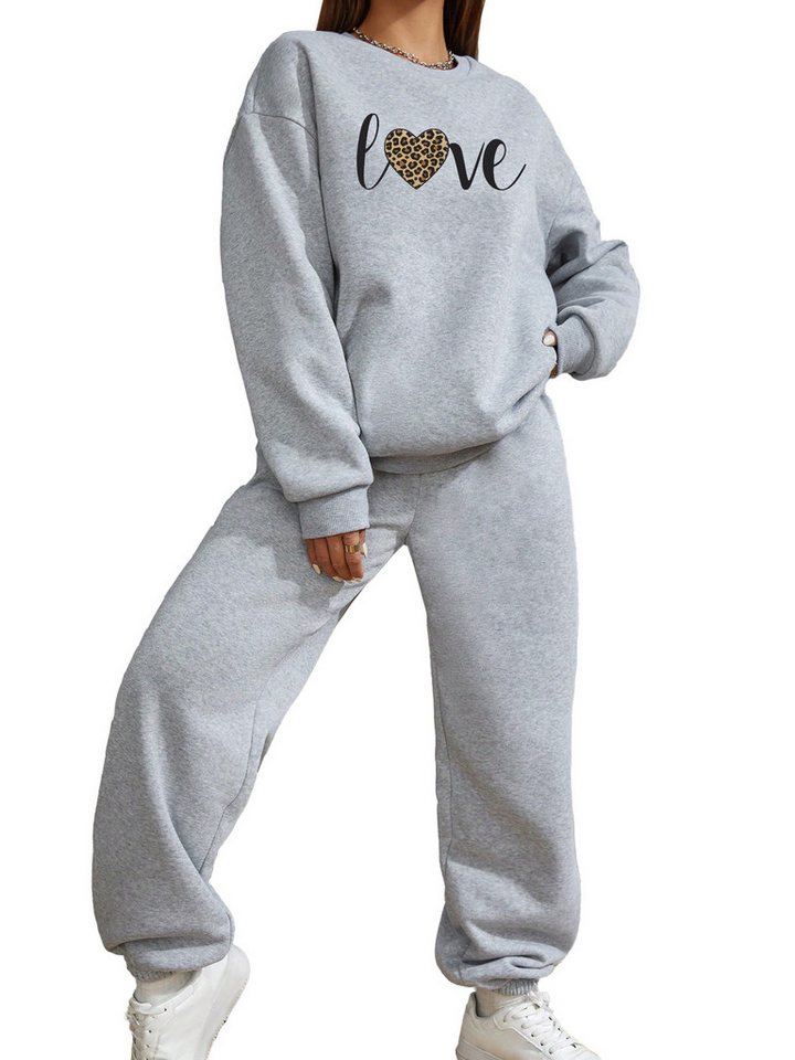 PYLIKE Jogginganzug Bequemer Lounge-Set Damen:Fleecepullover & Baggy-Hose (SET, Sweater &Sweatpants), Oversized Rundhals Print Sweatshirt & Jogginghose mit Taschen von PYLIKE