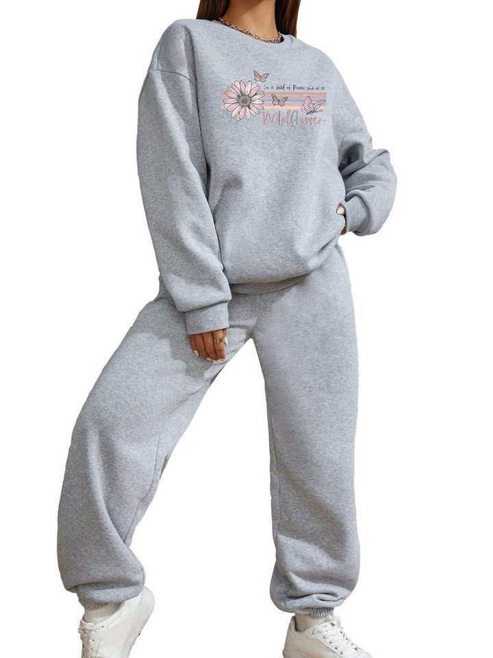 PYLIKE Jogginganzug Bequemer Lounge-Set Damen:Fleecepullover & Baggy-Hose (Set, Sweatshirt & Jogginghose), Jogginghose mit Taschen von PYLIKE
