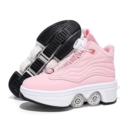 Mädchen Roller Skate Schuhe Klassische PU Leder High-Top Double-Row Rollschuhe für Anfänger, professionelle Indoor Outdoor Vierrad Rollschuhe Schuhe,Pink-33 von PacuM