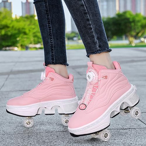 PacuM Deformation Roller Skates Schuhe mit doppelreihigem unsichtbarem Rad Automatische Walking Schuhe Kinder 2 in 1 Abnehmbare Riemenscheibe Skate,Pink-33 von PacuM
