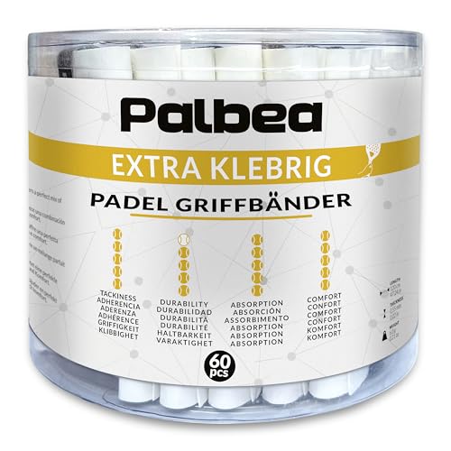 Palbea Padel Griffband - 60er-Pack - Extra Klebrig - Weiß - Hohe Schweißabsorption - Rutschfestes Padel Tennis Overgrip - Weiche Oberfläche - Speziell für Padel-Schläger entwickelt. von Palbea