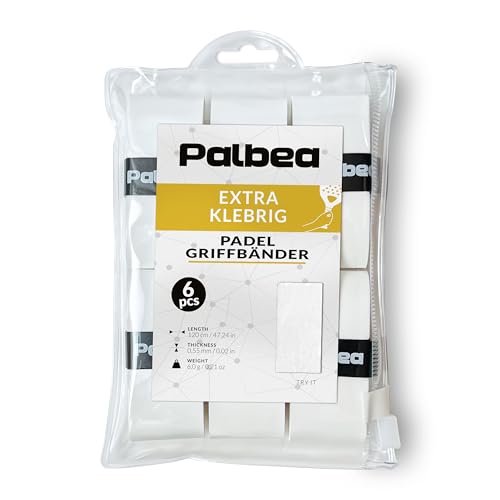 Palbea Padel Griffband - 6er-Pack - Extra Klebrig - Weiß - Hohe Schweißabsorption - Rutschfestes Padel Tennis Overgrip - Weiche Oberfläche - Speziell für Padel-Schläger entwickelt. von Palbea