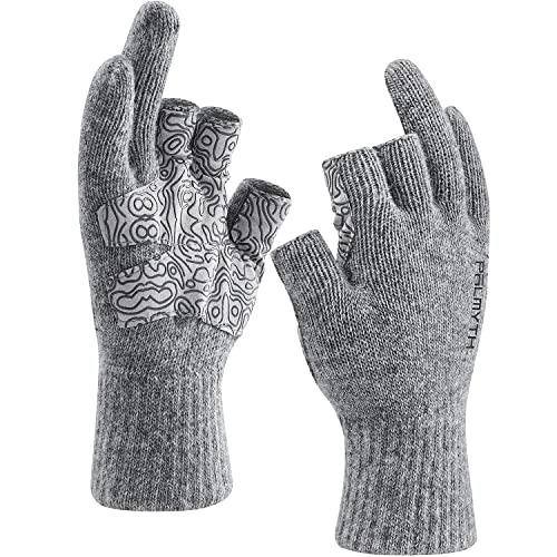Palmyth Anglerhandschuhe aus Wolle, 3-Schnitt-Finger, warm für Männer und Frauen, kaltes Wetter, Fingerlose Handschuhe für Winter, Fliegenfischen, Eisfischen, Fotografie und Jagd (Grau, S/M) von Palmyth