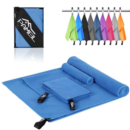 Pameil Mikrofaser Handtuch 3er Set - 160x80cm Groß Badetuch +2 Stück 80x40cm Klein Handtuch - Microfaser Handtücher für Backpacker, Reisehandtuch Schnelltrocknend Perfekte für Fitness (Blau) von Pameil