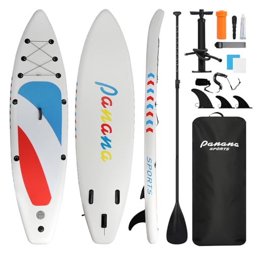Panana Aufblasbares Stand Up Paddle Board 325x81x15cm mit Premium SUP Board Zubehör, Surfbrett Surfing Board Kit, Verstellbares Paddel, Hand Ultra-Leicht, Rutschfestes Deck Weiß von Panana