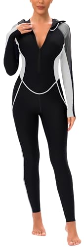 Frauen Boyleg One Piece Badeanzüge Konturiert Schnell Trockene Bademode Voller Reißverschluss Langarm Athletischer Badeanzug Damen Gepolsterter Rash Guard Wetsuit Schwarz XL von Panegy