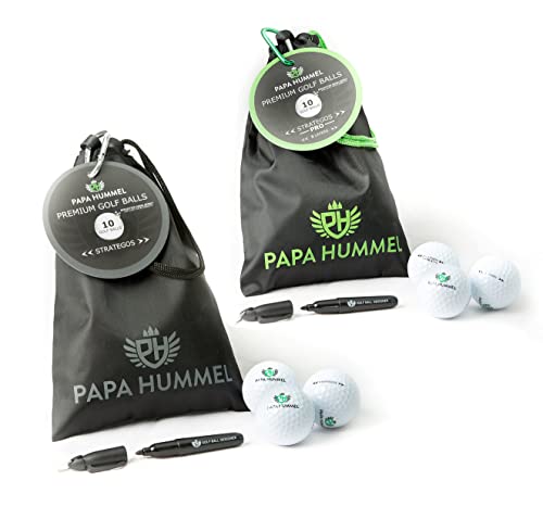 Papa Hummel – Premium Golfbälle, 2 Layer | 3 Layer, Mit reflektierender Beschichtung für besonders hohe Sichtbarkeit | Wiederverschließbarer Beutel mit Befestigung am Bag | 10 Strategos Golfbälle von Papa Hummel