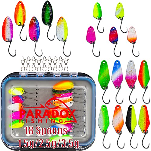 Paradox Fishing Forellen Spoon Box Set 18 Spoons mit Box und Snaps 1,5g/2,5g/3,5g Forellenköder Forellenteig Forellen Spoons - Spoons Forelle von Paradox Fishing