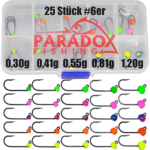 Paradox Fishing Tungsten Jighaken Set I 25 Stück 0,3g-1,2g je 5 Stück #6 I Forellen Haken Gummiköder Haken Spoons Forelle Forellenköder von Paradox Fishing