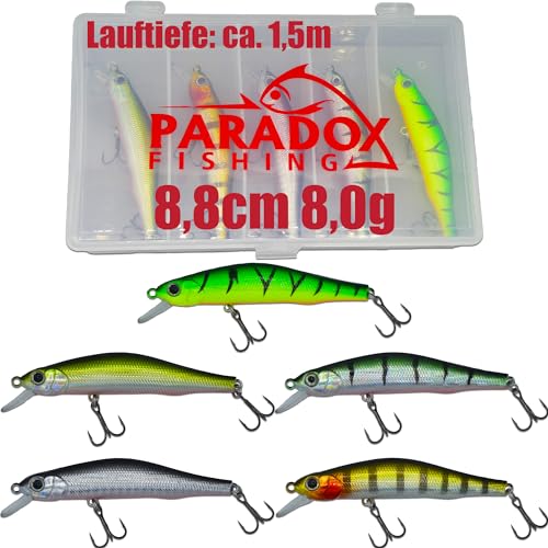 Paradox Fishing Wobbler Set I 5 Stück 8,0g 8,8cm mit Box I Hecht Köder Zander Köder Barsch Köder von Paradox Fishing