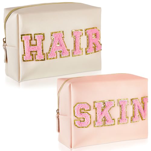 2 Pcs Preppy Patch Makeup Bag Chenille Letter Cosmetic Bag PU Leather Waterproof Toiletry Bag Portable Skin Makeup Pouch Preppy Organizer Accessory for Women Girls, Weiß/Pink, Hair, Skin, Haar, Haut von Patelai