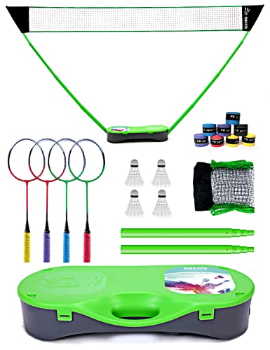 Peak Fits Tragbares Badminton-Netz-Set, faltbares Volleyball-Badmintonnetz, 4 professionelle Graphit-Badmintonschläger, 8 Schlägergriffbänder, 4 Federbälle, Familienspiel, Gartensport von Peak Fits