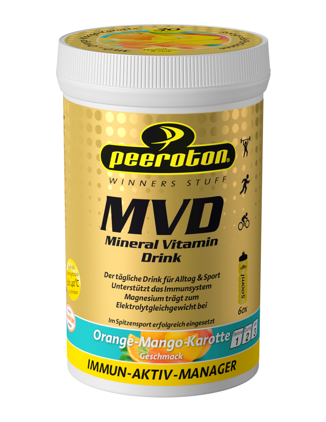 PEEROTON MVD Mineral Vitamin Drink, Orange Mango Karotte, 300g Geschmack - Orange, Anwendung - Gesundheit/Wellness, Konsistenz - Pulver, Einnahmeempfehlung - bei Bedarf/Mahlzeiten, von Peeroton