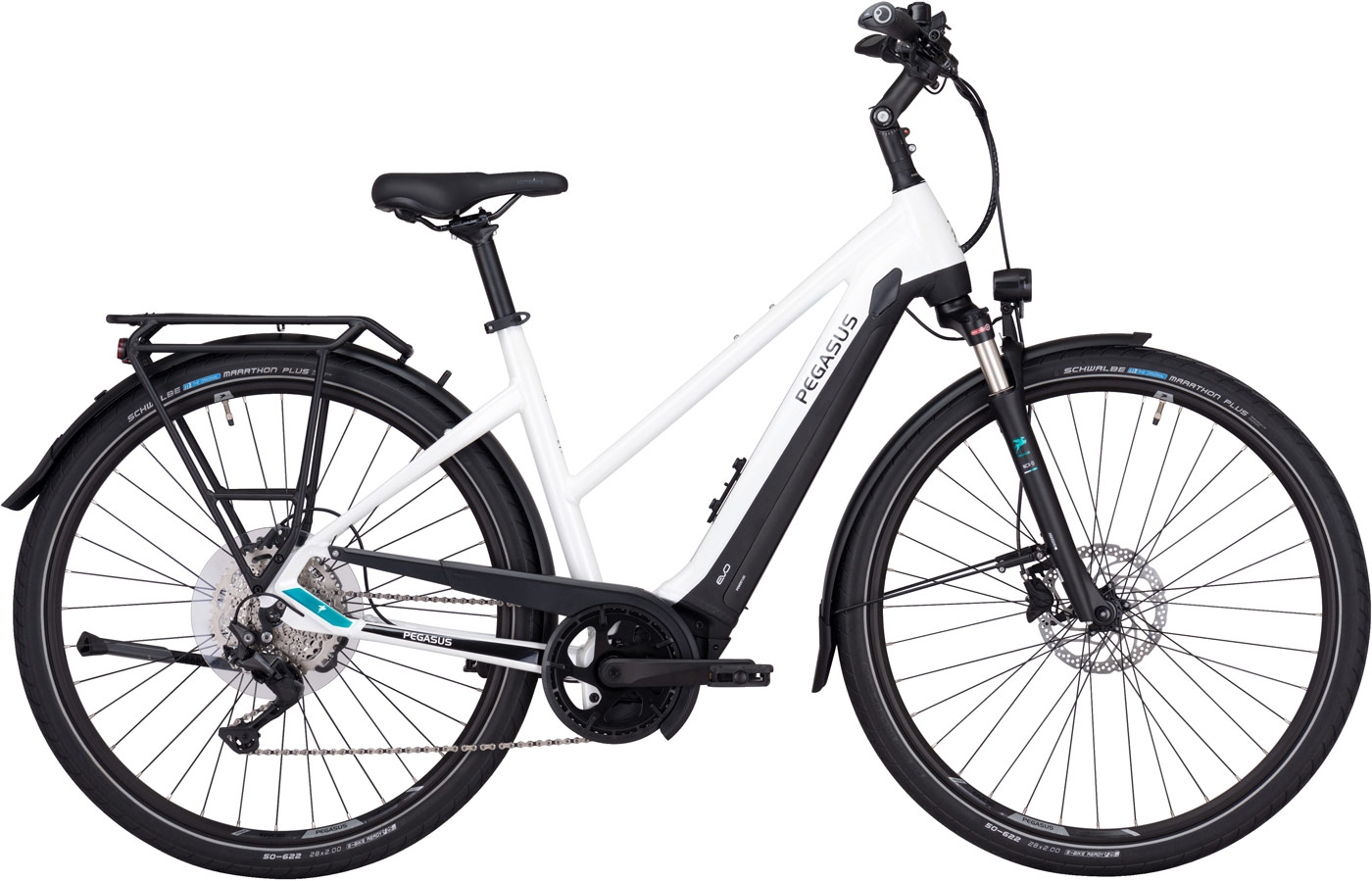 Unisex E-Bike  Pegasus Premio EVO 10 Lite trapez weiß/schwarz (Akkukapazität: Bosch 400 Wh / Rahmenh. Pegasus: 50 cm | Körpergrösse 160 - 170 cm) von Pegasus