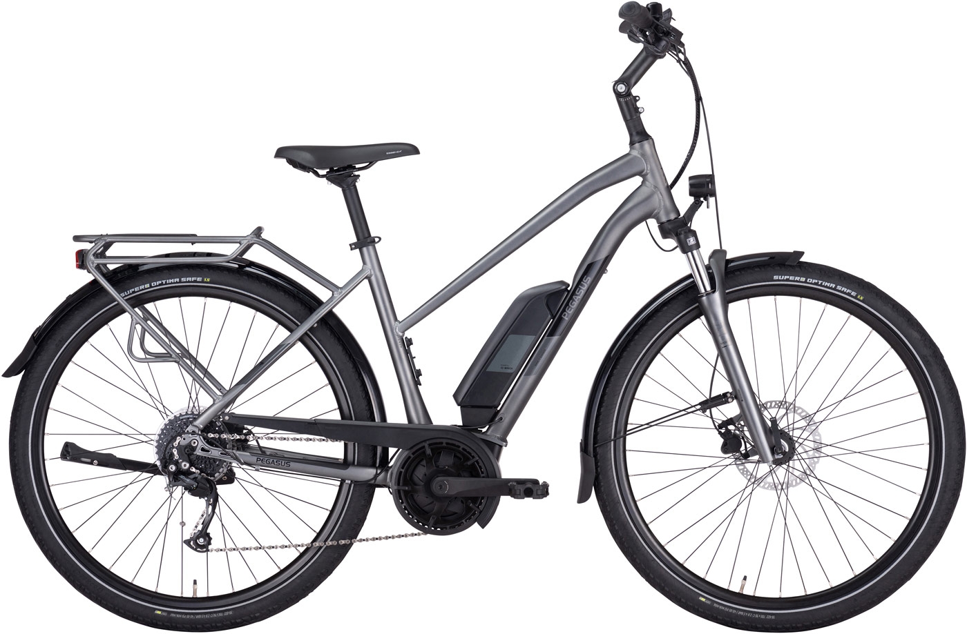 Unisex E-Bike  Pegasus Solero E9 Performance trapez grau (Akkukapazität: Bosch 500 Wh / Rahmenh. Pegasus: 50 cm | Körpergrösse 160 - 170 cm) von Pegasus