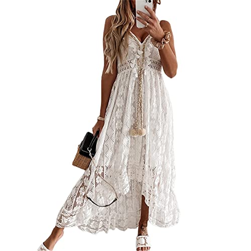 Pekoi Frauen Spitze Häkelkleid Spaghettiträger V-Ausschnitt Langes Kleid Weiße Boho Kleider für Sommer Strand Urlaub Hochzeit von Pekoi