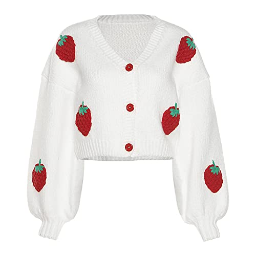 Pekoi Frauen Strawberry Cardigan Sweater Dicker Strick Cropped Cardigan Langarm-Knopfstrick-Oberteil von Pekoi