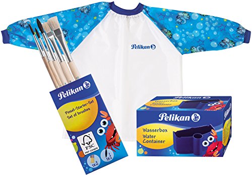 Pelikan Malschürze mit Klett-Verschluss und Tragebeutel für Kinder von ca. 6-9 Jahre/Kombi-Set (+ Becher & 5 Pinsel, Blau) von Pelikan