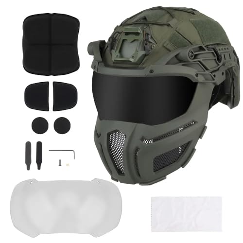 Peminkoo Fast SF Airsoft Taktischer Helm Set mit Stahlgittermaske und Visier und Helmüberzug Integrierter Vollgesichtsschutz Airsoft Gear (Grün) von Peminkoo