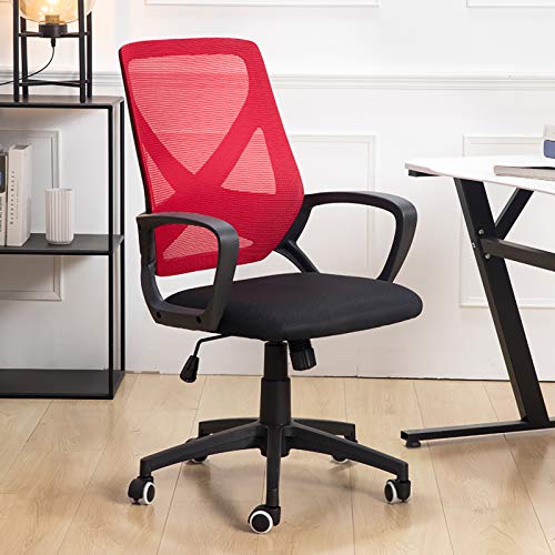 Drehstuhl mit mittlerer Rückenlehne für Chefkonferenzen zu Hause, ergonomischer Computerstuhl, Netz-Schreibtischstuhl, höhenverstellbarer Bürostuhl mit Armlehne und Lordosenstütze, Rot, 58 x 103–112 von PenKee