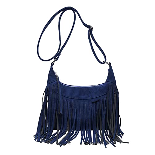 Frauen Schulter Handtasche Quaste Geldbörse Fransen Retro Stil Tragetasche Verstellbarer Riemen für Die Arbeit, Blau von Perfeclan