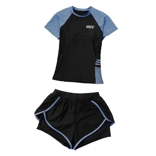 Perfeclan Zweiteiliger Badeanzug für Damen, Kurzärmelig, Strandbekleidung, Rashguards, Surfanzug für, Blau Schwarz, 2XL von Perfeclan