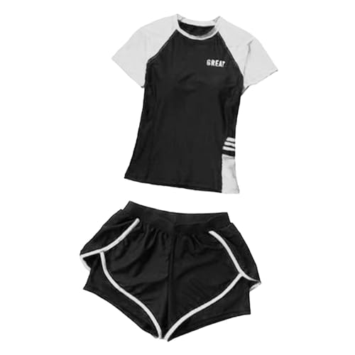Perfeclan Zweiteiliger Badeanzug für Damen, Kurzärmelig, Strandbekleidung, Rashguards, Surfanzug für, weiß schwarz, XL von Perfeclan