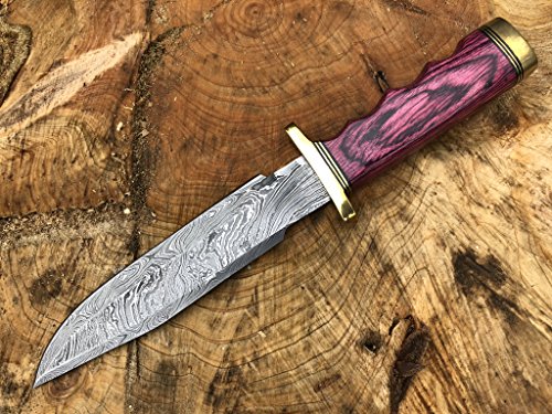 Perkin Knives Damastmesser Jagdmesser mit Scheide - Jagdmesser Bowie (Griff aus rotem Holz und Messing) von Perkin Knives