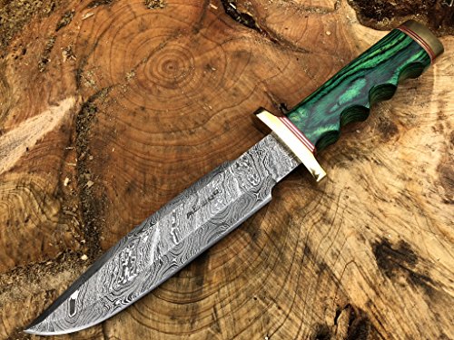 Perkin Knives Damastmesser Jagdmesser mit Scheide - Jagdmesser Bowie (Grüner Holzgriff und Messing) von Perkin