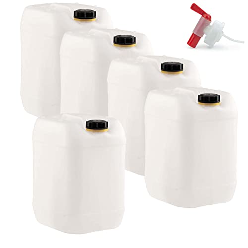 5 x 20 Liter Getränke- und Wasserkanister DIN 61 mit 1 x Ablaufhahn | UN-Zugelassen Lebensmittelecht BPA frei | Gastronomie Gewerbe Camping Wohnwagen | Robuste Qualität aus DE (20 Liter, Natur) von Petri